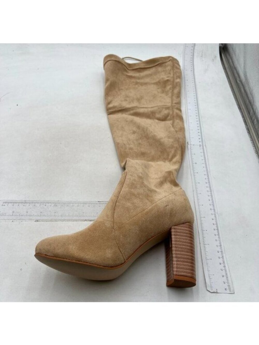 Women Calf Knee Boots Stretch Pull On Round Closed Toe Chunky High Heel Boots